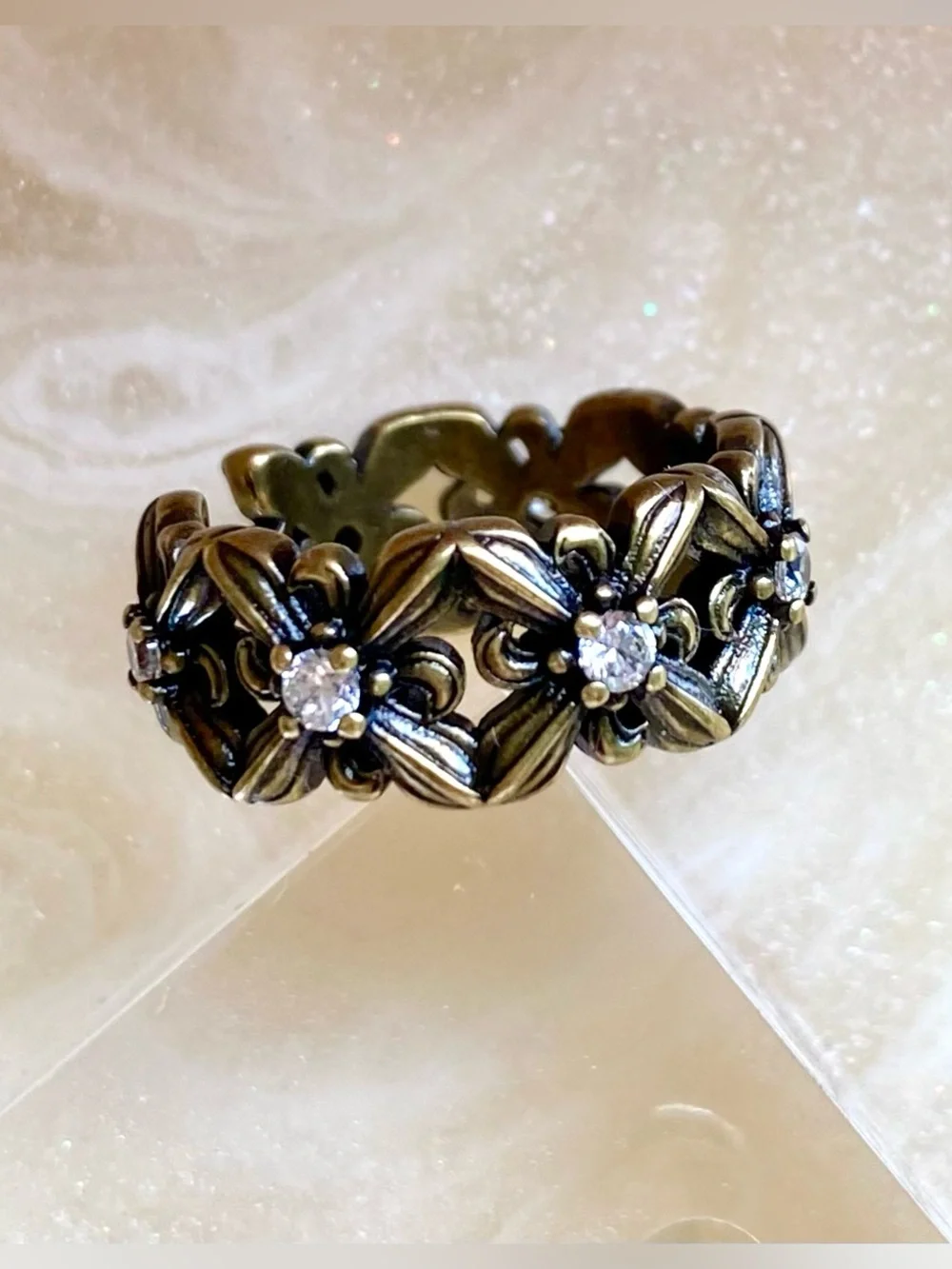 Antique-Style Gold Floral CZ Band Ring